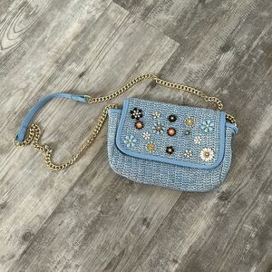 Zara tweed crossbody bag with floral embellishments